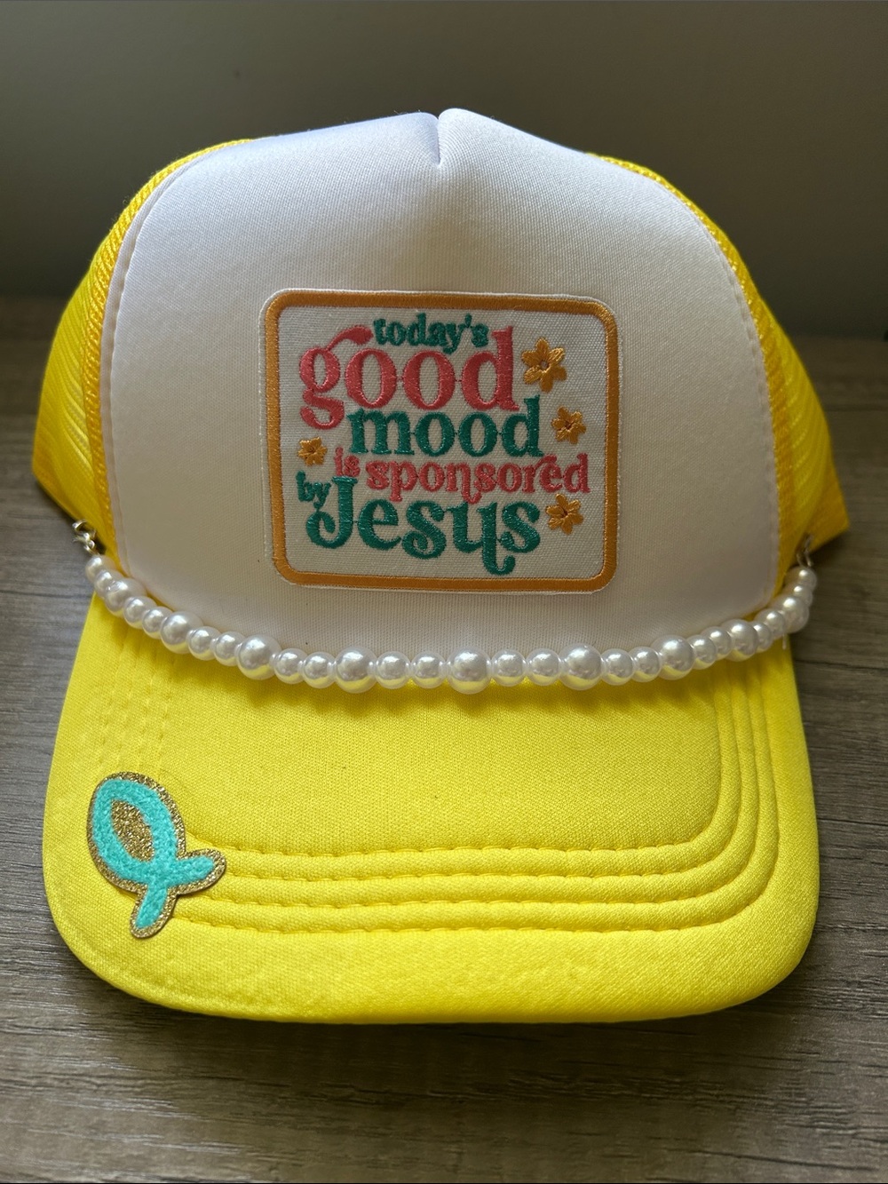 Yellow & White Trucker Hat with Pearl Trim - "Good Mood" Patch